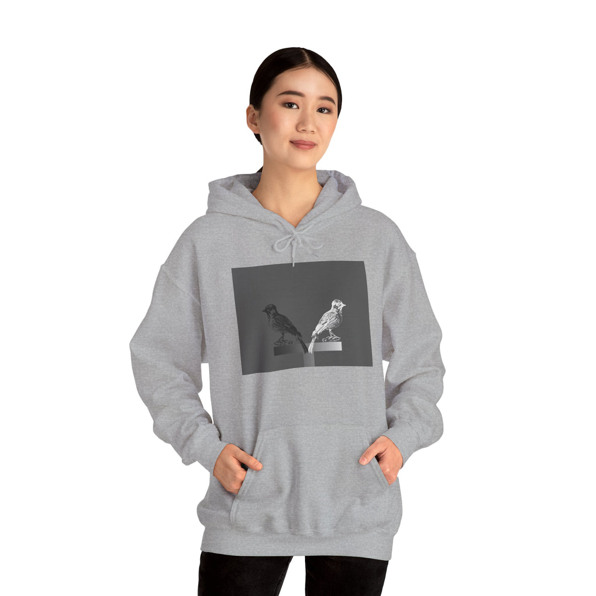 Twins Birds Contrast Hoodie – Monochrome Bird Art Pullover