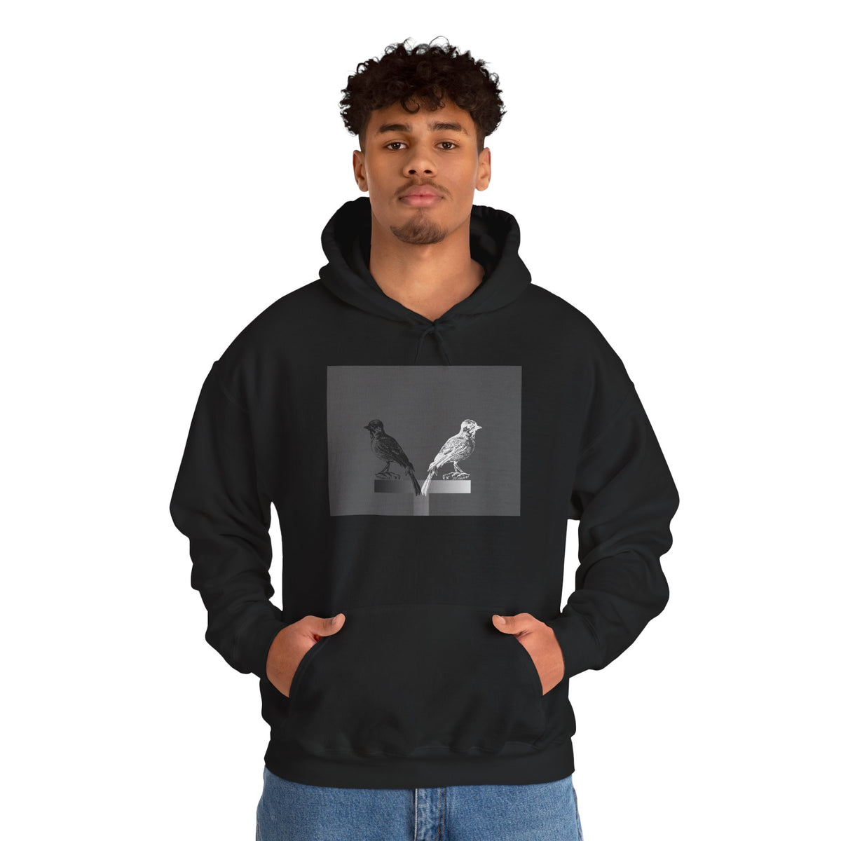 Twins Birds Contrast Hoodie – Monochrome Bird Art Pullover